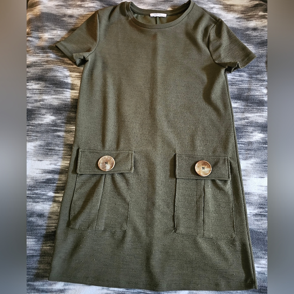 Zara Basic Lagenlook Teacher button pockets midi length Dress size small
